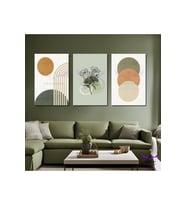 3'Lü Kanvas Tablo Seti Modern Soyut Yeşil Çiçek ve Yuvarlak Desenler
