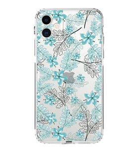 Apple iPhone 11Kamera Korumalı Tıpalı Kapak Floral Su Yeşili Tasarımlı Şeffaf Kılıf