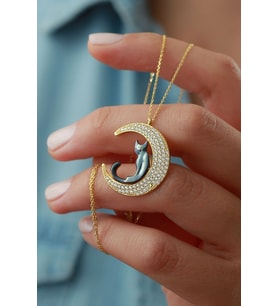 925 Ayar Gold Zirkon Taşlı Kedicik Ay Gümüş Kolye