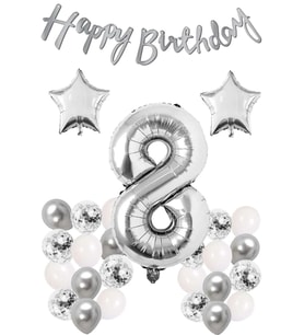 Konsept Doğum Günü Kutlama Seti Beyaz Gümüş Konfetili Balon Rakam Yıldız Folyo Ve Banner