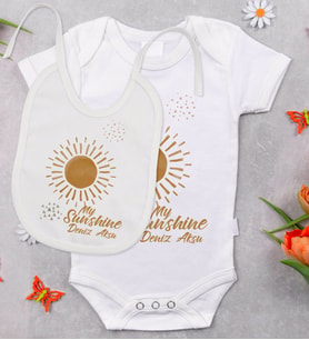 BK Kids Kişiye Özel My Sunshine Tasarımlı Bebek Body Zıbın ve Mama Önlüğü Hediye Seti - Model 1