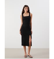 LCW Vision Siyah Kare Yaka Yırtmaçlı Elbise