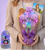 Kişiye Özel Renkli Led Işıklı Mor Ayıcık Buketi (Renkli Işıklı Penguen Fanus Hediyeli) (Model 1)