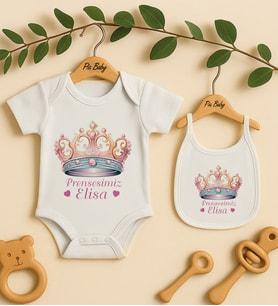 Pia Baby Premium %100 Pamuk İsme Özel Organik Baskılı Çıtçıtlı Bebek Body Ve Önlük 5047-20 (Ekru)