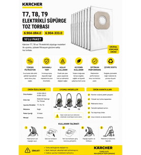Karcher (6.904-084.0)(6.904-333.0) T7,T8,T9 Elektrikli Süpürge Toz Torbası 10'lu