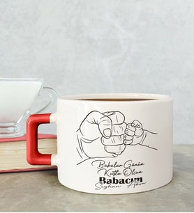 BK Gift Kişiye Özel Babalar Günü Tasarımlı Kırmızı Kulplu Çay & Kahve Fincanı-8, Babaya Hediye, Babalar Günü Hediyesi