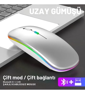Shopy Tech Çift Mod Kablosuz Mouse Bluetooth 5.2 + 2.4G Şarjlı Sessiz Tıklama RGB Işıklı (500 mAh)GÜ