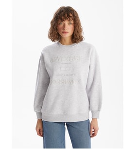 LCW Vision Gri Bisiklet Yaka Nakışlı Oversize Kadın Kalın Sweatshirt