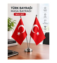 Türk Bayrağı Masa Bayrağı İkili Set – Masaüstü Bayrak Seti (Direk ile birlikte)