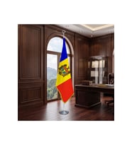 Moldova Direkli - Altın Saçaklı Saten Makam Bayrağı Seti (Krom Direk)