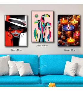 kırmızı gözlüklü kadın renkli mumlar tablosu 3 adet 35cmx50cm kumaş baskılı canvas tablo