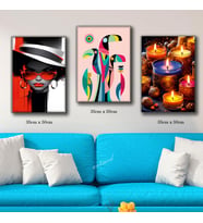 kırmızı gözlüklü kadın renkli mumlar tablosu 3 adet 35cmx50cm kumaş baskılı canvas tablo