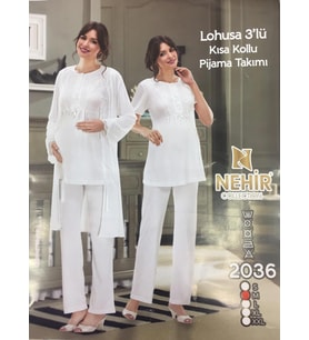 NEHİR 2036  Ecru Hamile Lohusa 3Lü Pijama Sabahlık Takım (Ekru)
