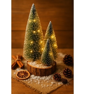 Ahşap Kütük Üzerinde 4’lü LED Işıklı Noel Kar Efektli Çam Ağaçları Seti 23 Cm - 18 Cm - 12 Cm -13 Cm (Yeşil)