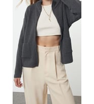 Kadın Modern Tarz Oversize Dik Yaka Regular Triko Hırka