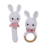 Amigurumi Sevimli Beyaz Pembe Tavşan Diş Kaşıyıcı Çıngıraklı Organik Oyuncak 2'li Set (Standart)