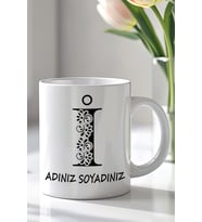 Kişiselleştirilebilir İ Harfi Tasarımlı 330ml Baskılı Beyaz Seramik Kupa Bardak (Siyah Beyaz Baskili)