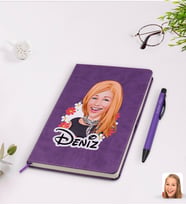 BK Gift Kişiye Özel Kadın Karikatürlü Mor Termo Deri Defter Kalem Seti Model 51