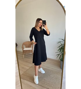 Kadın Uzun Kollu V Yakalı Yanlardan Yırtmaçlı Viskon Iki Iplik Midi Elbise (Siyah)