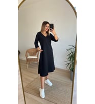 Kadın Uzun Kollu V Yakalı Yanlardan Yırtmaçlı Viskon Iki Iplik Midi Elbise (Siyah)