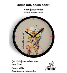 İsme Özel Bakım Yapan Leopar Çocuk Odası Duvar Saati Orta Boy 30 cm Siyah Camlı Sessiz