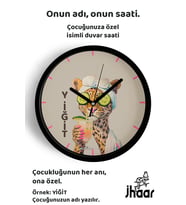 İsme Özel Bakım Yapan Leopar Çocuk Odası Duvar Saati Orta Boy 30 cm Siyah Camlı Sessiz
