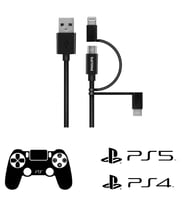 Philips Playstation 4/5 İle Uyumlu Joystick Şarj Kablo 3in1 Micro-Lightining-Type-C Hızlı Şarj Data Kablo 1.2m DLC3104T