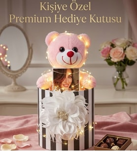 Kişiye Özel Fotoğraflı Silindir Kutulu Led Peluş Ayıcık Buketi