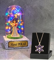 Gerçek Ametist Taşlı Lotus Kolye ve Renkli Led Işıklı Kişiye Özel Fanus Hediyesi (Model 3)