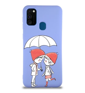 Samsung Galaxy M30s Uyumlu Lansman Kılıf Aşk Tasarımlı İçi Kadife Kapak-Lila (Şeffaf)