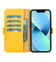 Apple iPhone 13 Uyumlu Deri Cüzdanlı Kılıf Limon Sarı