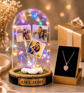 Kişiye Özel Renkli LED Işıklı 3 Fotoğraflı ve Yazılı Fanus & Pembe Taşlı Kalp Kolye Kadına Sevgiliye Hediye