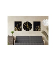 3’lü Dekoratif Duvar Tablo ve Saat Seti – Siyah Gold Modern MDF Duvar Dekoru