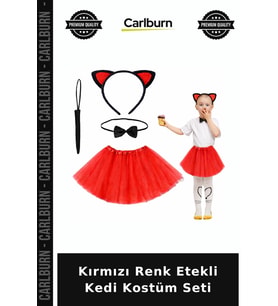 Kırmızı Renk Etekli Kedi Kostüm Seti Aksesuarlı Set Okul Etkinliği Eğlenceli Kıyafet