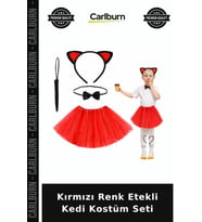 Kırmızı Renk Etekli Kedi Kostüm Seti Aksesuarlı Set Okul Etkinliği Eğlenceli Kıyafet