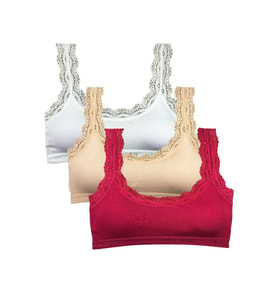 3 Adet Dantel Nakış İşlemeli Pedli Bambu Kadın Büstiyer Beyaz Ten Bordo