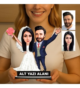 Kişiye Özel 2 Kişilik Gelin Damat Düğün Konseptli Sevgili Karikatürlü 18 cm MDF Masaüstü Biblo - Sevgiliye ve Eşe Hediye Çiftlere Özel Hediye