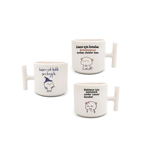 Mochi Cat Baskılı Motto 3'lü El Yapımı T Kulplu Fincan