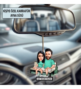 Kişiye Özel 2 Kişilik Bankta Oturan Sevgili Karikatürlü 10 cm MDF Araç Dikiz Aynası Süsü - Sevgiliye ve Eşe Hediye Çiftlere Özel Hediye
