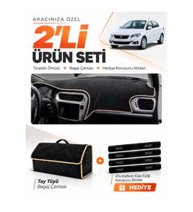 e-biz PEUGEOT 301 (2012-2022) Uyumlu Torpido Örtüsü + Tay Tüyü Bagaj Çantası - Siyah-Bej - PE007