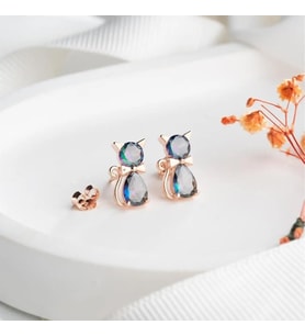 Vaoov 925 Ayar Gümüş Mistik Topaz Taşlı Kedi Küpe (Rose)