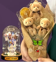 Sizlere Özel Led Işıklı Fanus ve Kahve Peluş Ayıcık Buketi - Premium Hediye Seti (Model 2)