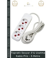 Özel Üretim Beyaz Renk Topraklı Çocuk Korumalı Seyyar Grup Priz Çoklu 3'lü Uzatma Kablo Priz 5 Metre