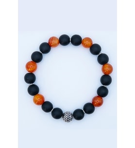 925 Ayar Gümüş Toplu Bileklik, Carnelian Akik ve Mat Oniks Doğal Taşlı Erkek Bileklik 10mm (Siyah)