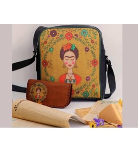 Frida Figürlü Büyük Postacı Kol Çantası Etnik Bohem Style Çanta Siyah Cüzdan Taba Kombin (Bordo)