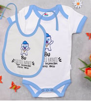 BK Kids Kişiye Özel Bu Işıltılı Hayatı Ben Seçmedim Tasarımlı Mavi Bebek Body Zıbın ve Mama Önlüğü Hediye Seti