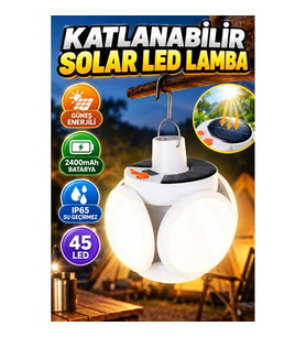 Katlanabilir Solar LED Lamba 45 LED 2400mAh USB Şarjlı IP65 Su Geçirmez