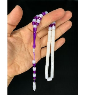 MOR BEYAZ GEÇİŞLİ TOZ KEHRİBAR TESBİH KESME KESİM 11XMM T-724 (Çok Renkli)