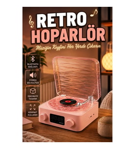 Retro Plak Çalar Tasarımlı Gece Işıklı Bluetooth Hoparlör Kristal Net Ses