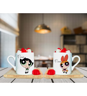 Power Puff Blossom & Buttercup Arkadaş Çift Tasarımlı Çift Ahşap Tabaklı Kişiye Özel Türk Kahvesi Fincanı Seti